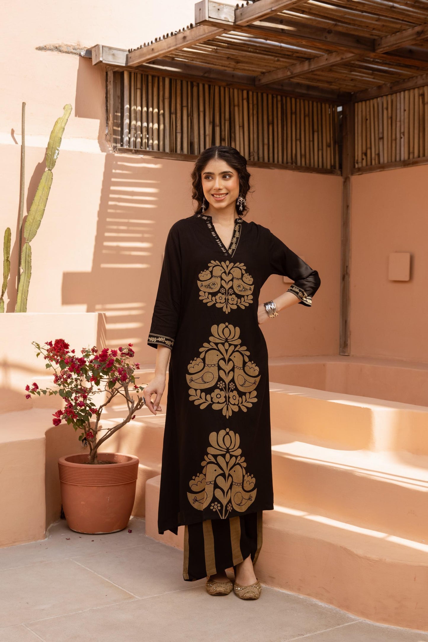Black & Gold Floral kurta Set