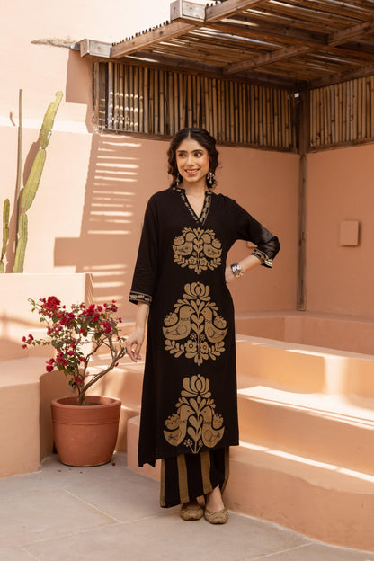 Black & Gold Floral kurta Set