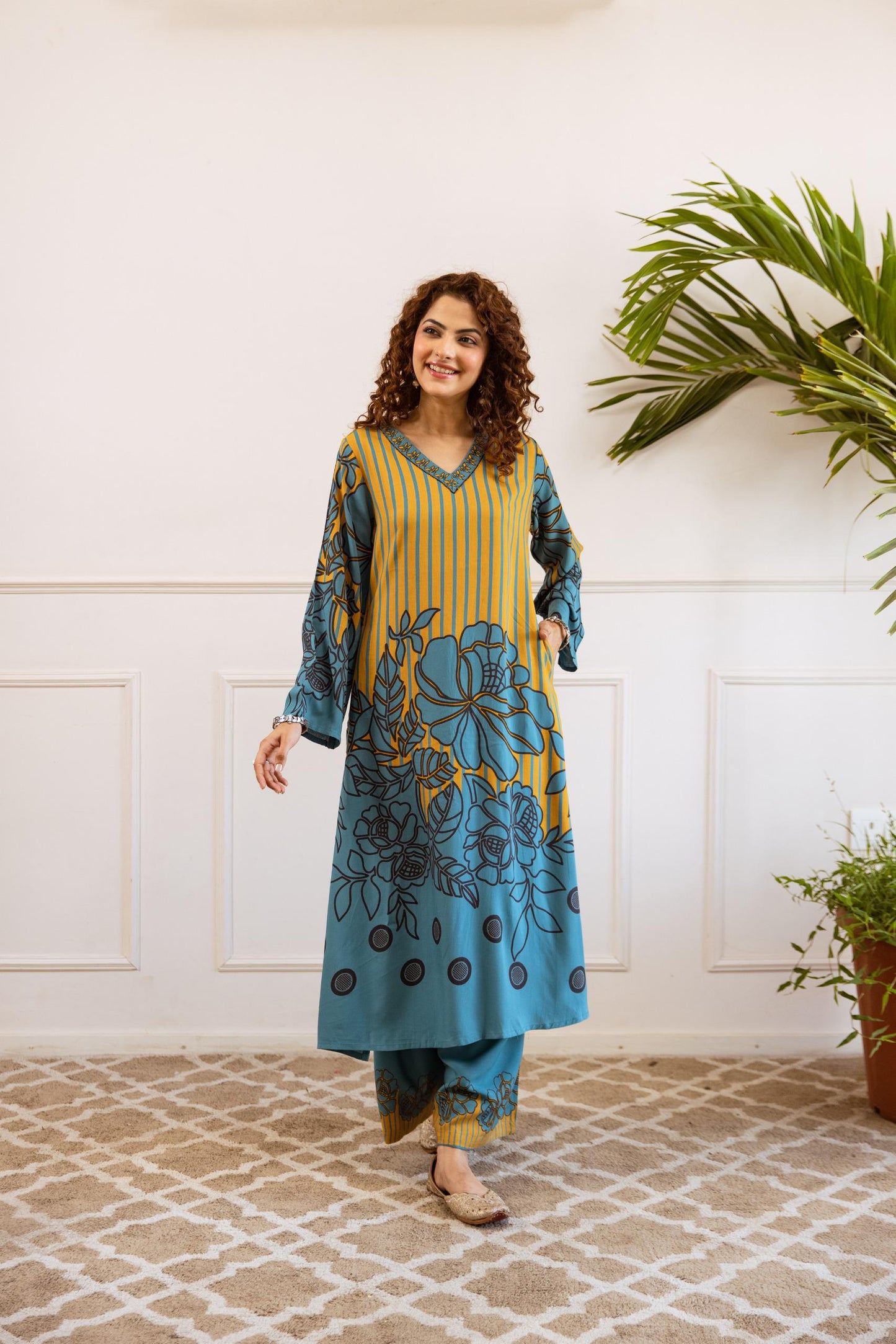 Mustard & Teal Printed Kurta Set