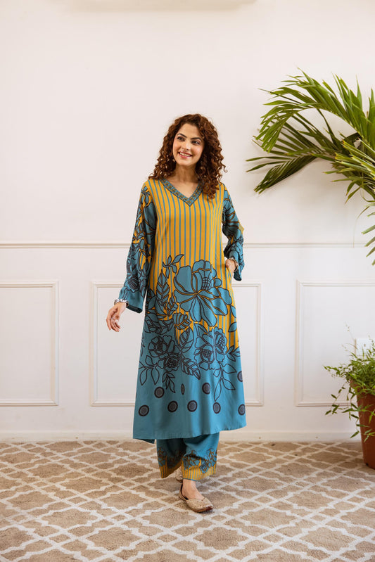 Mustard & Teal Printed Kurta Set