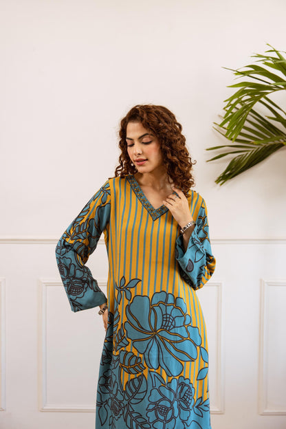 Mustard & Teal Printed Kurta Set