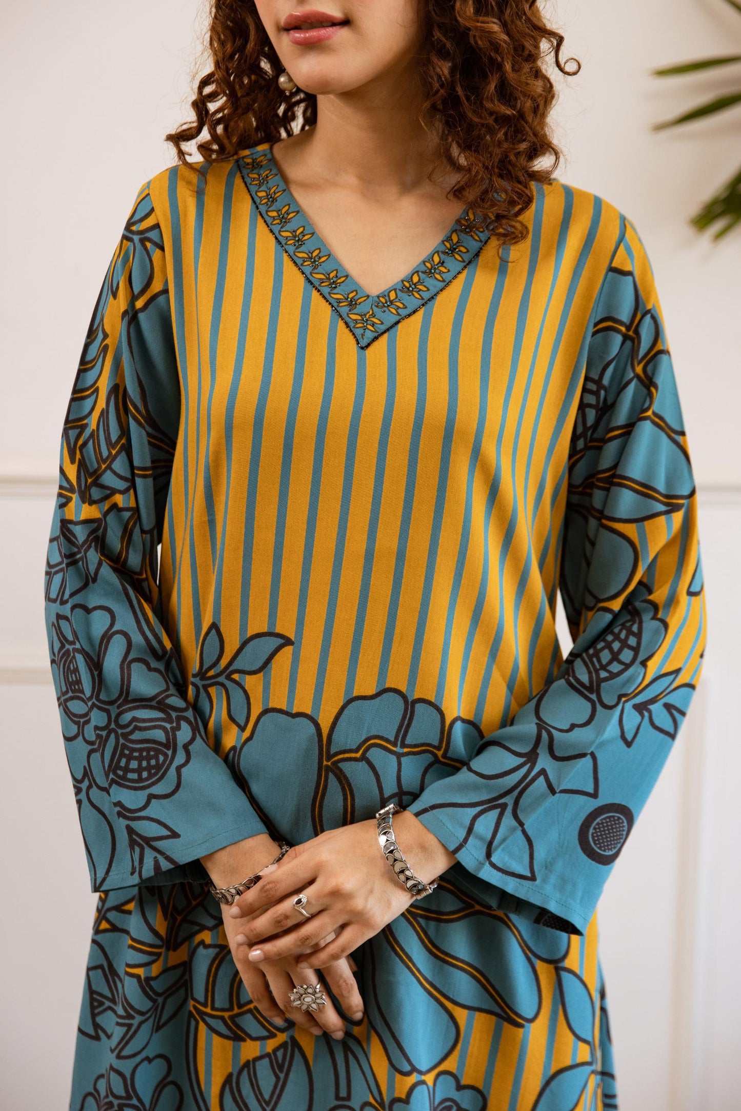 Mustard & Teal Printed Kurta Set