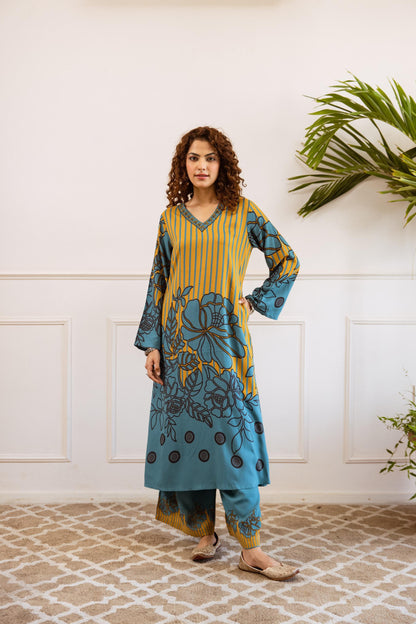 Mustard & Teal Printed Kurta Set