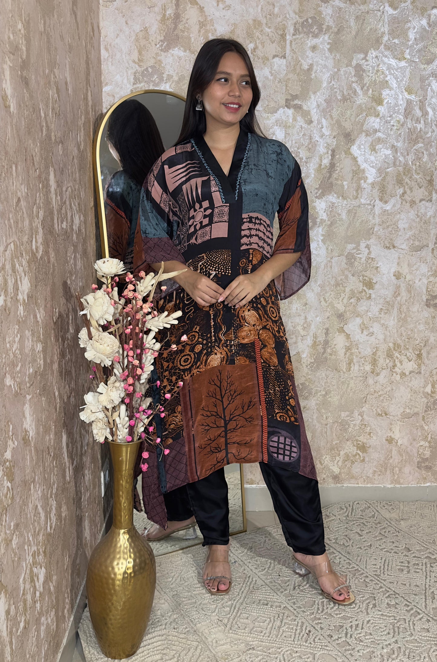 Black & Rust Printed Kaftan-Style Set
