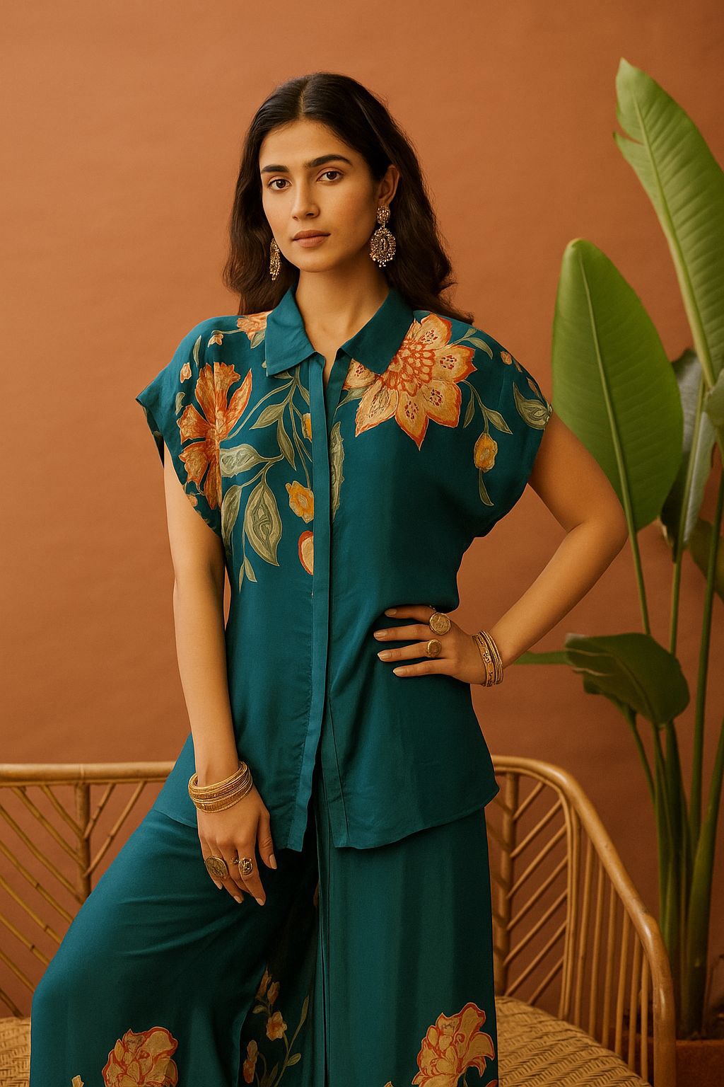 Teal Blue Floral Printed Co-ord Set
