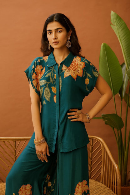 Teal Blue Floral Printed Co-ord Set
