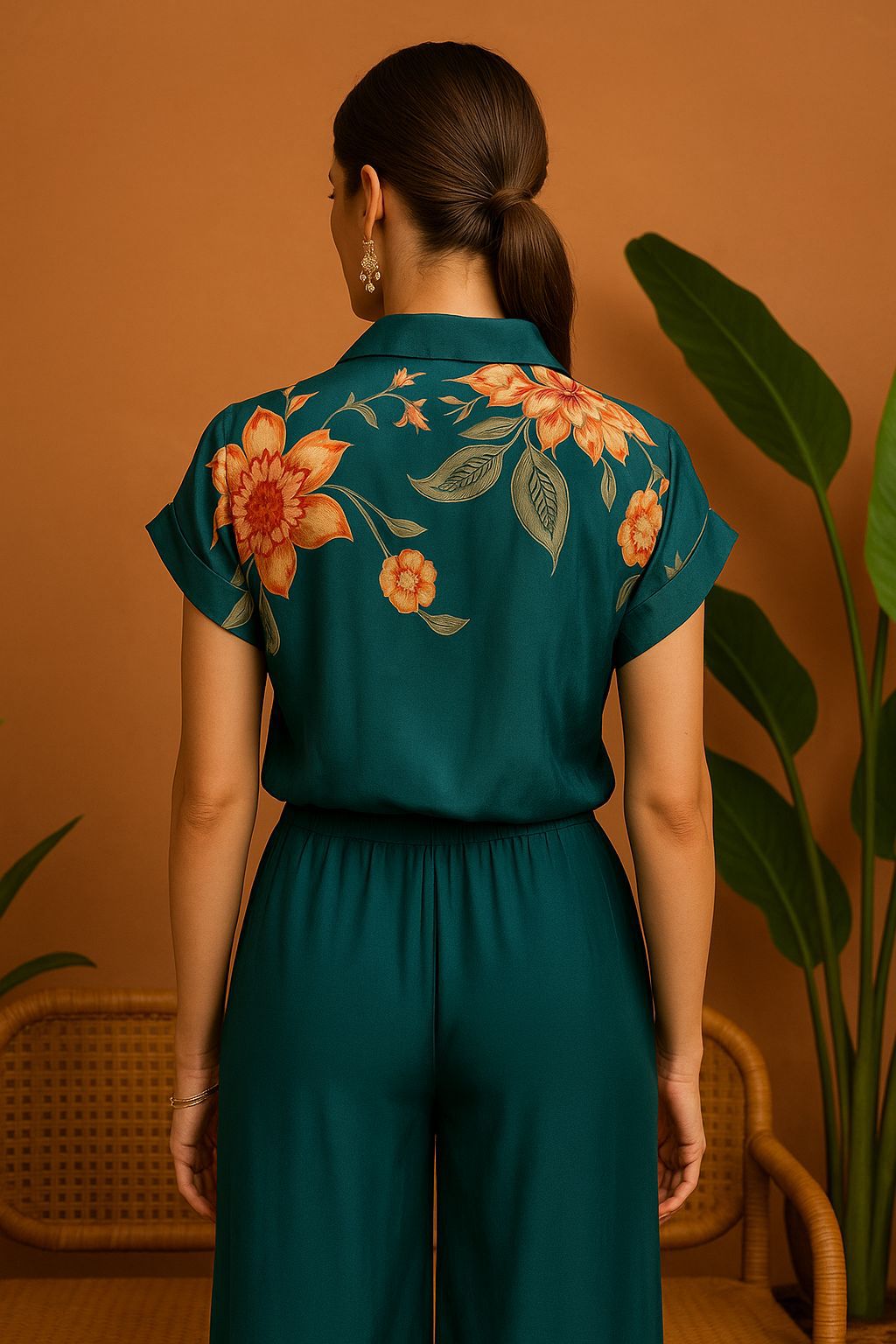 Teal Blue Floral Printed Co-ord Set