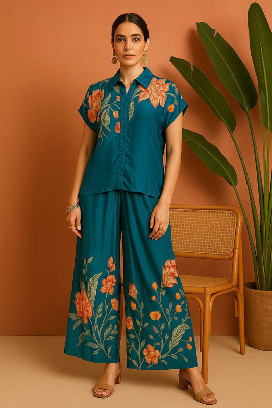 Teal Blue Floral Printed Co-ord Set