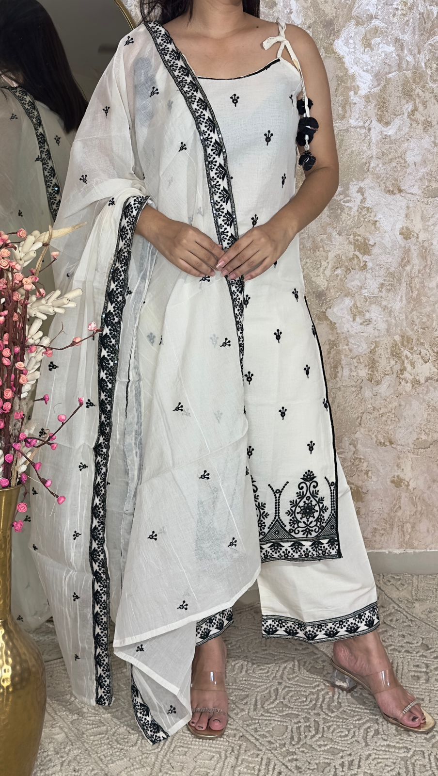 White & Black Embroidered Suit Set