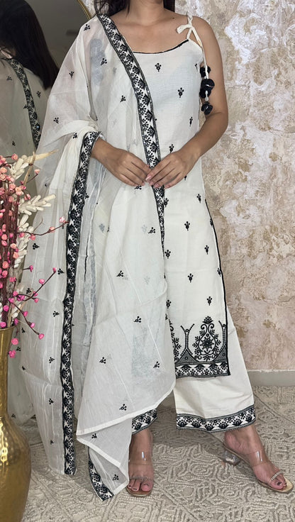 White & Black Embroidered Suit Set