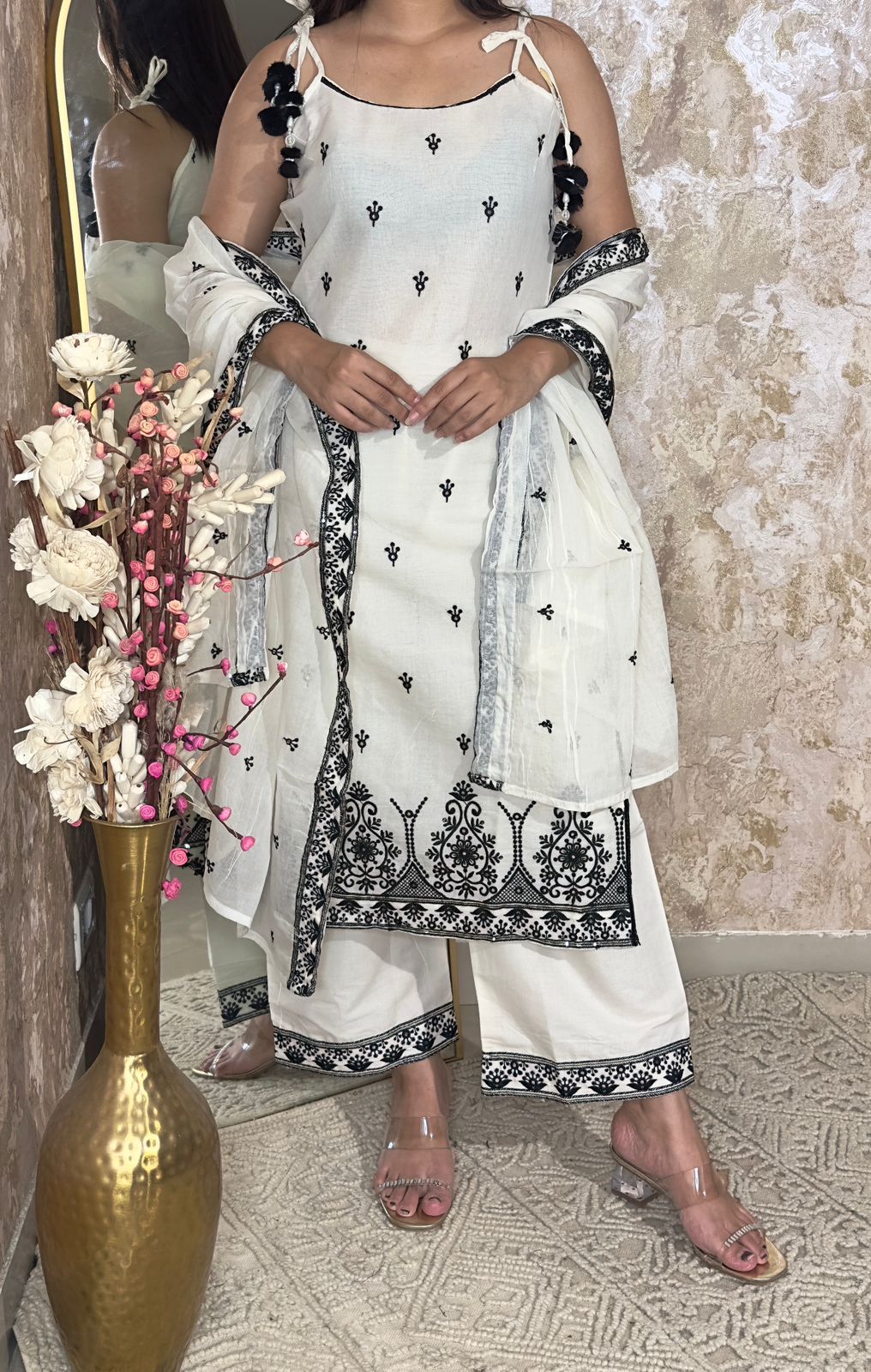White & Black Embroidered Suit Set