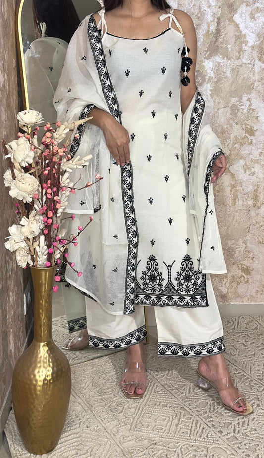 White & Black Embroidered Suit Set