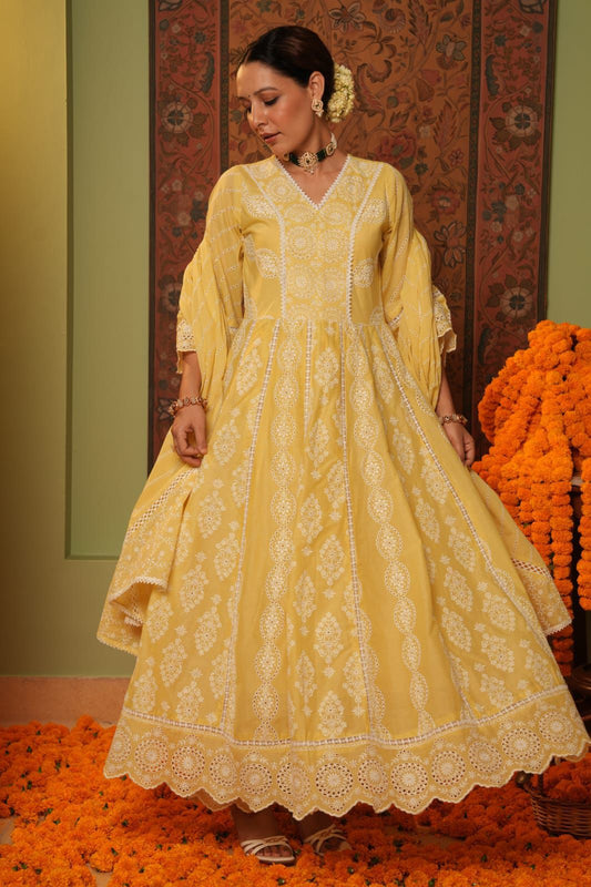 Yellow premium cotton Anarkali suit