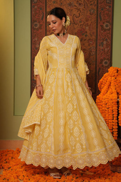 Yellow premium cotton Anarkali suit
